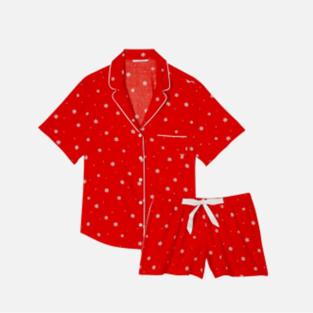 VICTORIA'S SECRET Flannel Short Pajama Set Red Snow Flakes womens size 2XL
